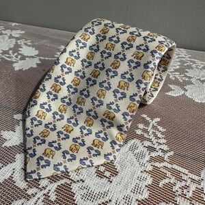 Thai Silk 100% Hand Made Men's Necktie‎ Elephant Print Cream Gold Blue Tie